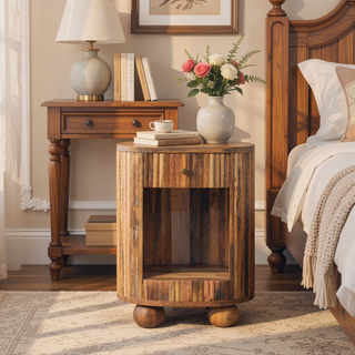 Sunvega Solid Mango Wood Bedside Table with Drawer and Open Shelf