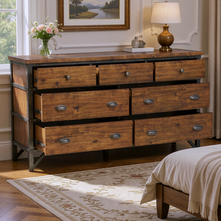 Sunvega 7-Drawer Dresser in Rustic Brown and Gunmetal Finish Wooden Furniture