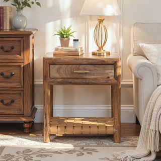 Sunvega Handcrafted Solid Mango Wood Nightstand with Drawer and Woven Shelf