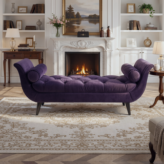 Sunvega Alma Tufted Purple Velvet Flared Arm Entryway Bench with Bolster Pillows