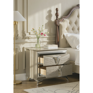 Sunvega Modern Silver Nightstand with 2 Spacious Drawers and Mirror Accents