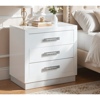 Sunvega Milky White Wood Nightstand with Crystal Bling Diamond Hardware