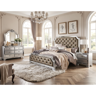 Sunvega Silver Finish 7 Drawer Dresser with Beveled Mirror Trim and Crystal Pulls