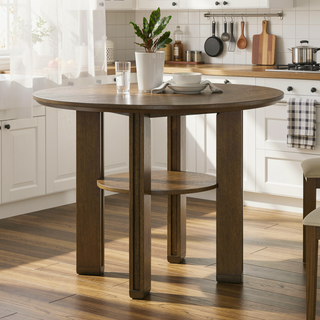 Sunvega Brown Round Counter Height Dining Table with Open Shelf and Angular Legs