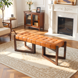 Sunvega Mid-Century Riley Tan Leather Bench with Solid Wood Frame and Tapered Legs