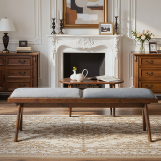 Sunvega Mid Century Modern Rattan Upholstery Bench with Black Solid Wood Legs