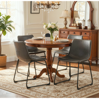 Sunvega Antique Black Finish Wood Dining Table with 6 Gray Faux Leather Chairs Set