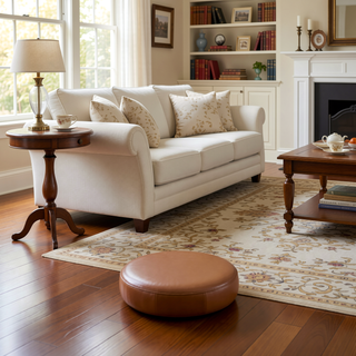 Sunvega Bola Leather Stool with Wooden Feet and Rounded Oak-ish Finish