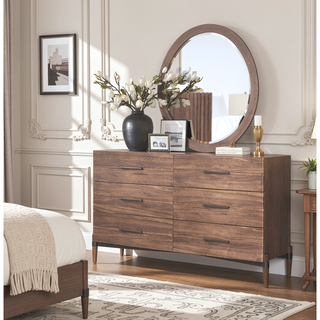 Sunvega Walnut Finish Six Drawer Dresser with Antique Bronze Hardware and Metal X Base