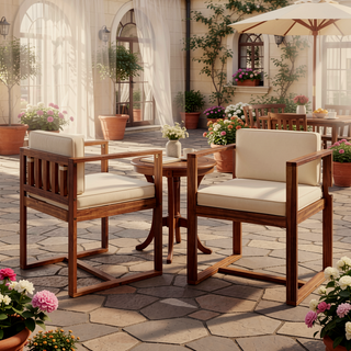 Sunvega Set of 2 Acacia Wood Armchairs with Beige Cushion for Patio Dining