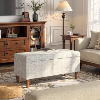 Sunvega Cream Chevron Woven Fabric Storage Bench Ottoman with Hardwood Frame