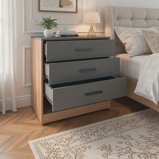 Sunvega Matt Grey and Macadamia Dresser with Three Spacious Drawers and Open Shelf