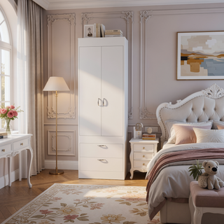 Sunvega White 2-Drawer Armoire for Hanging Clothes and Organizing Smaller Items