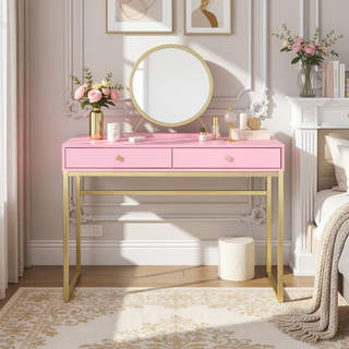Sunvega White and Gold Vanity Desk with Mirror and Jewelry Storage Tray