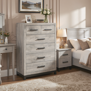Sunvega Gray Finish 7-Drawer Dresser with Metal Bar Hardware for Bedroom