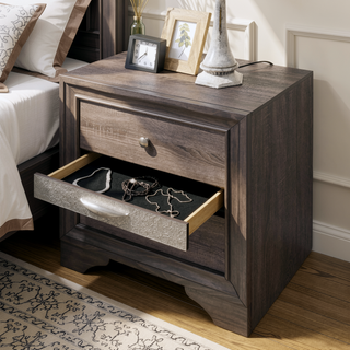 Sunvega Contemporary Gray Nightstand with Silver Accents and Hidden Jewelry Drawer
