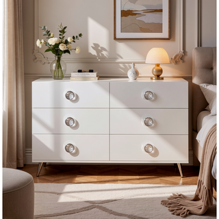 Sunvega Modern White Dresser with Six Spacious Storage Drawers and Chrome Legs