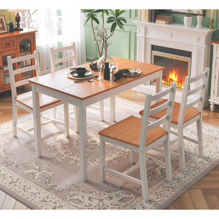 Sunvega Rustic Pine Wood Dining Table Set with Four High Back Chairs