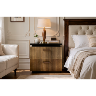 Sunvega Modern Mango Wood Nightstand with Brass Metal and Two Spacious Drawers