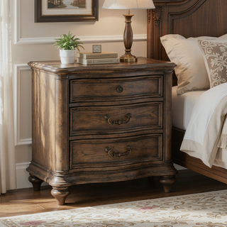 Sunvega Brown Oak Finish 3 Drawer Nightstand Bedside Table with Antique Bronze Hardware