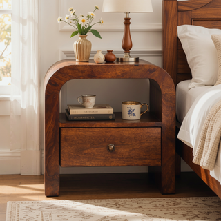 Sunvega Handcrafted Solid Mango Wood Chestnut Nightstand with Drawer and Shelf