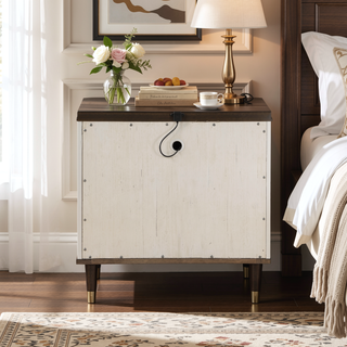 Sunvega White and Brown 2-Drawer Nightstand with USB Port for Bedroom