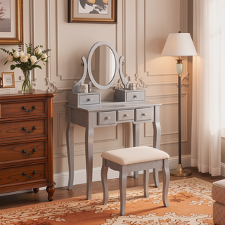 Sunvega Adjustable Oval Wooden Frame Vanity Table with Mirror and Stool