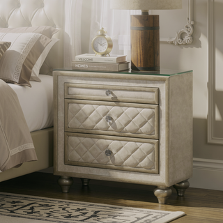 Sunvega Beige 2-Drawer Nightstand with Tufted Velvet-Lined Drawers and Crystal Knobs