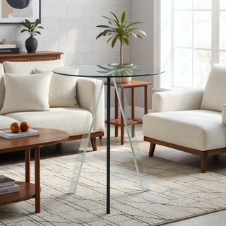 Sunvega Modern Round Glass Dining Table with Tempered Top and Metal Legs