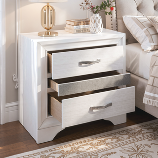 Sunvega White and Silver Glitter Nightstand with Hidden Felt-Lined Jewelry Drawer