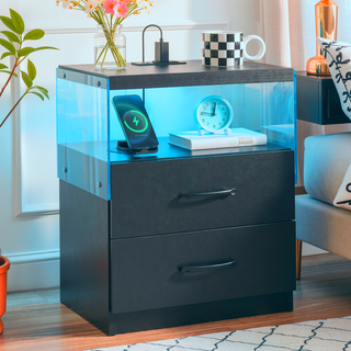 Sunvega Modern LED Nightstand with Adjustable Lights and 2 Drawers for Bedroom