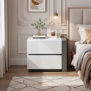 Sunvega Modern White Lacquer Nightstand Table with 2 Drawers for Bedroom
