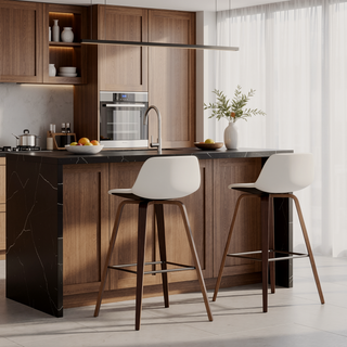 Sunvega Mid-Century Modern Cream Faux Leather Bar Stool with Brown Veneer Frame Set of 2