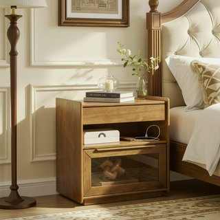 Sunvega Mid Century Modern Nightstand with Charging Station and 2 Drawers Dark Walnut