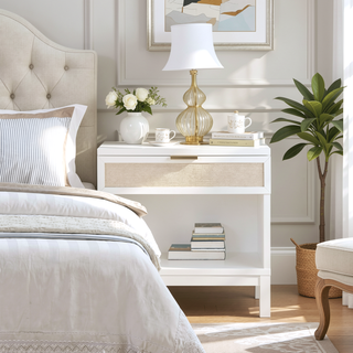 Sunvega White Coastal Nightstand with Cane Drawer and Gold Pull