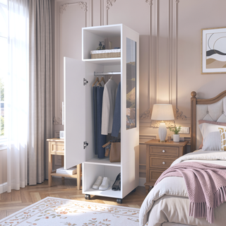 Sunvega Tall Wardrobe Cabinet with Mirror, Shelves, Hanging Rod and Casters for Bedroom