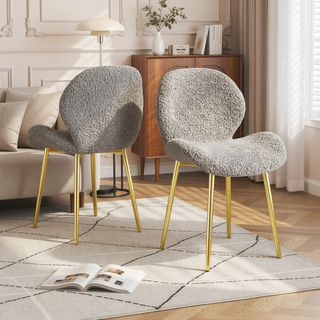 Sunvega Modern Minimalist White Teddy Velvet Dining Chairs Set of 2 with Gold Metal Legs