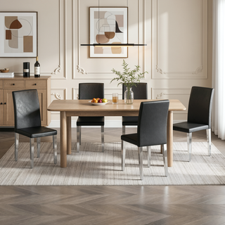 Sunvega Black Leather Chairs with Chrome Legs for Modern Minimalist Home Dining Set