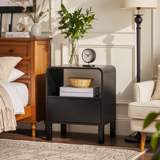 Sunvega Modern Minimalist Curved-Top Solid Pine Wood Nightstand with Drawer and Cubby