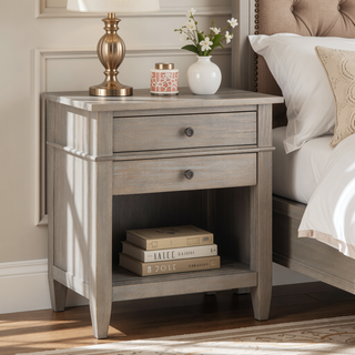 Sunvega Distressed Grey Solid Wood Bedside Table with Two Spacious Drawers