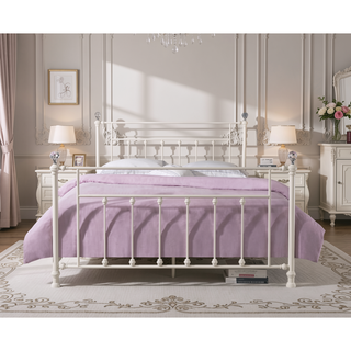 Sunvega Comet White Finish Queen Bed with Elegant Spindle Design and Crystal Accents