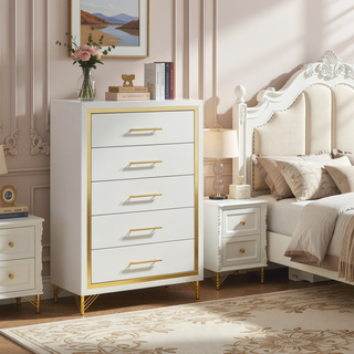 Sunvega Bright White Modern Five-Drawer Chest with Gold Trim for Bedroom