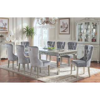 Sunvega Silver Contemporary Dining Table with Mirror Accent Design and Expandable Leaf
