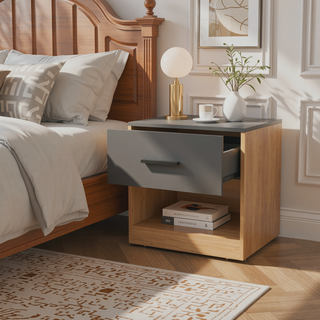 Sunvega Natural Oak and Matt Grey Nightstand with 1-Drawer and Open Shelf