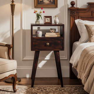 Sunvega Solid Mango Wood Nightstand with Drawer and Shelf on Nordic Legs