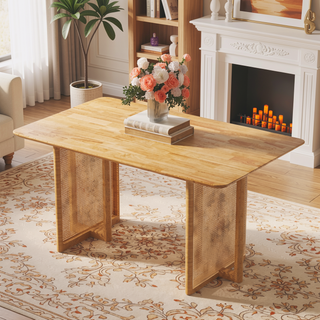 Sunvega Natural Solid Wood Dining Table with Imitation Rattan Legs for Dining Room