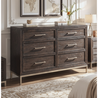Sunvega Walnut Finish Mindi Veneer Dresser with Champagne Metal Base and Hardware