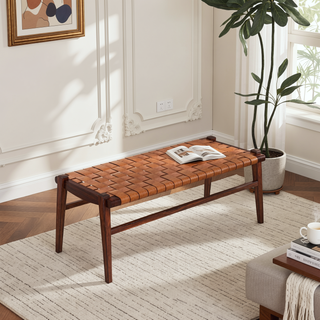 Sunvega Genuine Leather Upholstered Bench with Solid Wood Frame and Tapered Legs