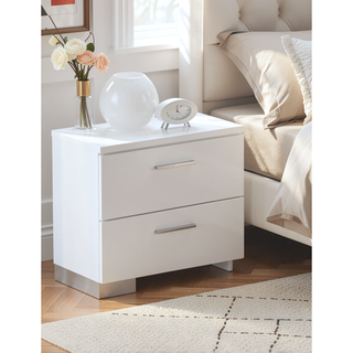 Sunvega Sleek White Nightstand with Chrome Legs and Two Spacious Drawers