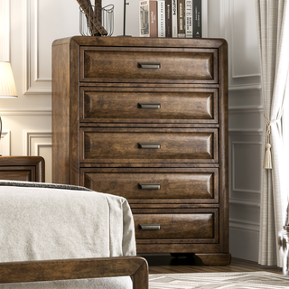 Sunvega Transitional Brown Wood Chest with English Dovetail Drawers and Bronze Cup Pulls